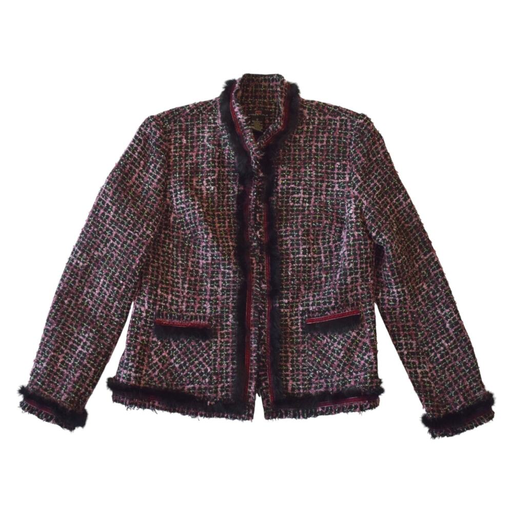 Y2K DS Essentials Pink Tweed Jacket with Faux Fur Trim – Size 12